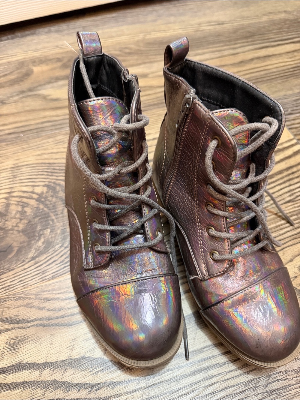 Girls' Holographic Brown Lace-Up Boots with Side Zip